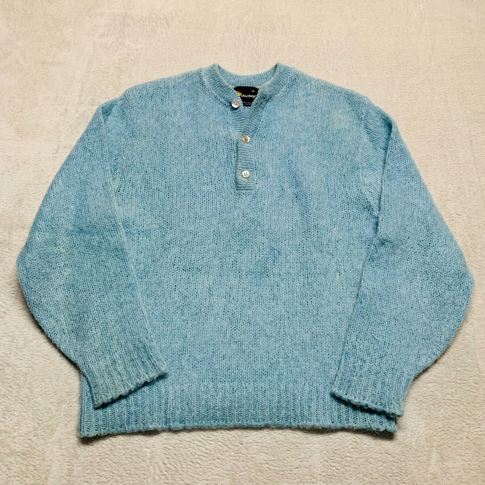 Vintage 1960s Jockey 100% Mohair Cardigan‎ Button Sweater Size M Light Blue